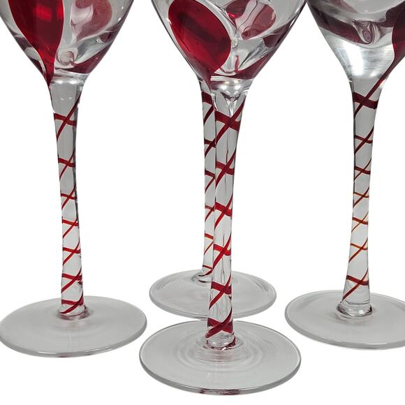 4 pc Pier 1 Red Swirl Line Swirline Stem Wine Glasses 9" high Party Gift - Picture 7 of 8